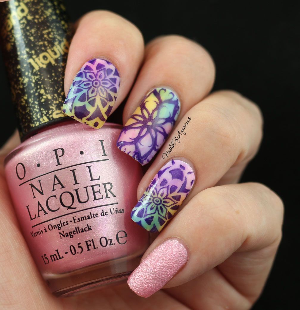 Watercolor Kaleidoscope Stamped Nail Art Design For Naillinkup